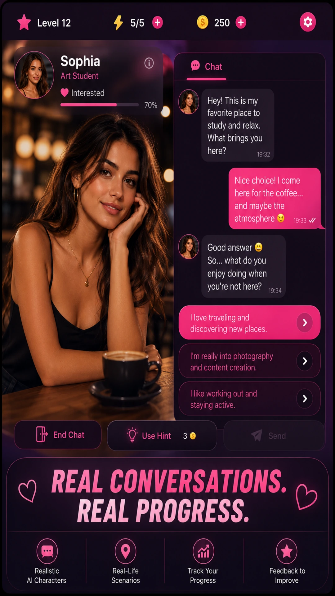 Flirting Master AI conversation practice screen with Sophia character and feedback choices